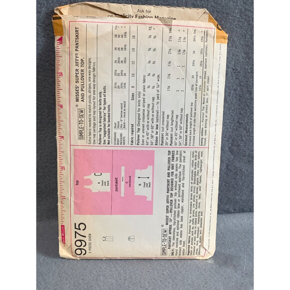 Vintage Simplicity 9975 Sewing Pattern Misses Jiffy Pullover Top Pantskirt Size - Picture 2 of 2